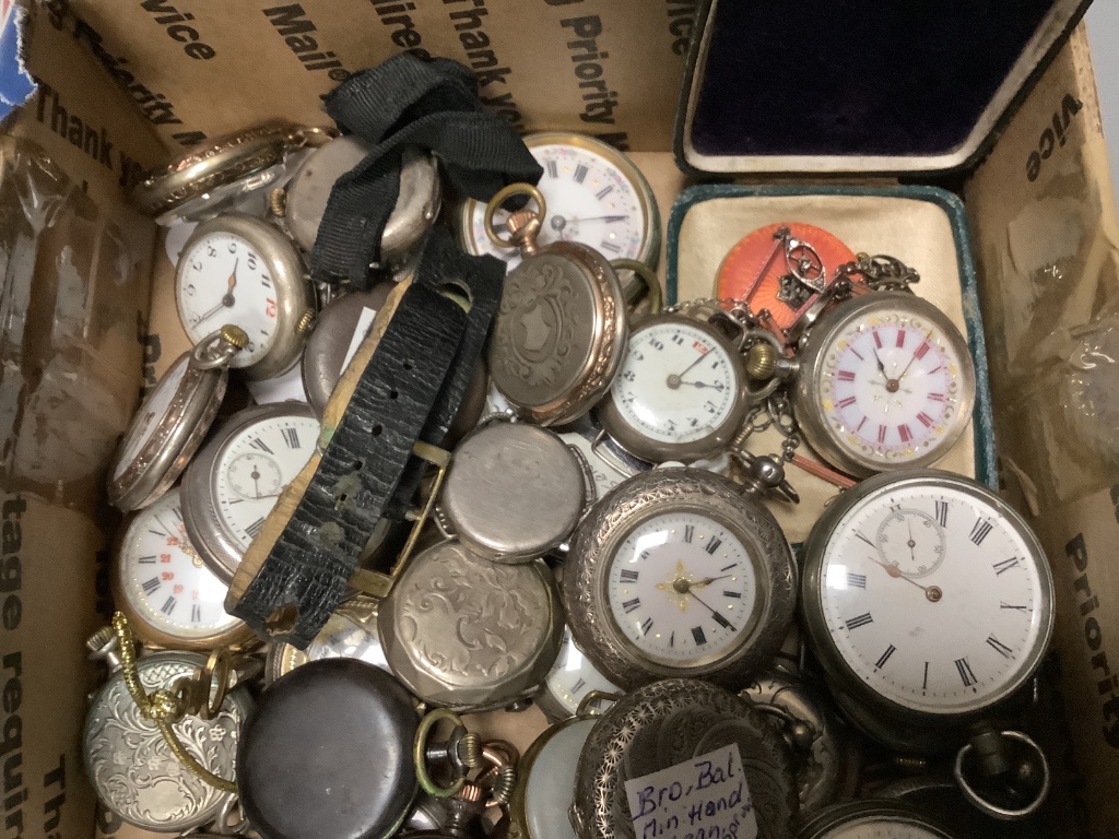 A collection of mainly early 20th century and later silver or white metal fob and wrist watches including some with enamel.